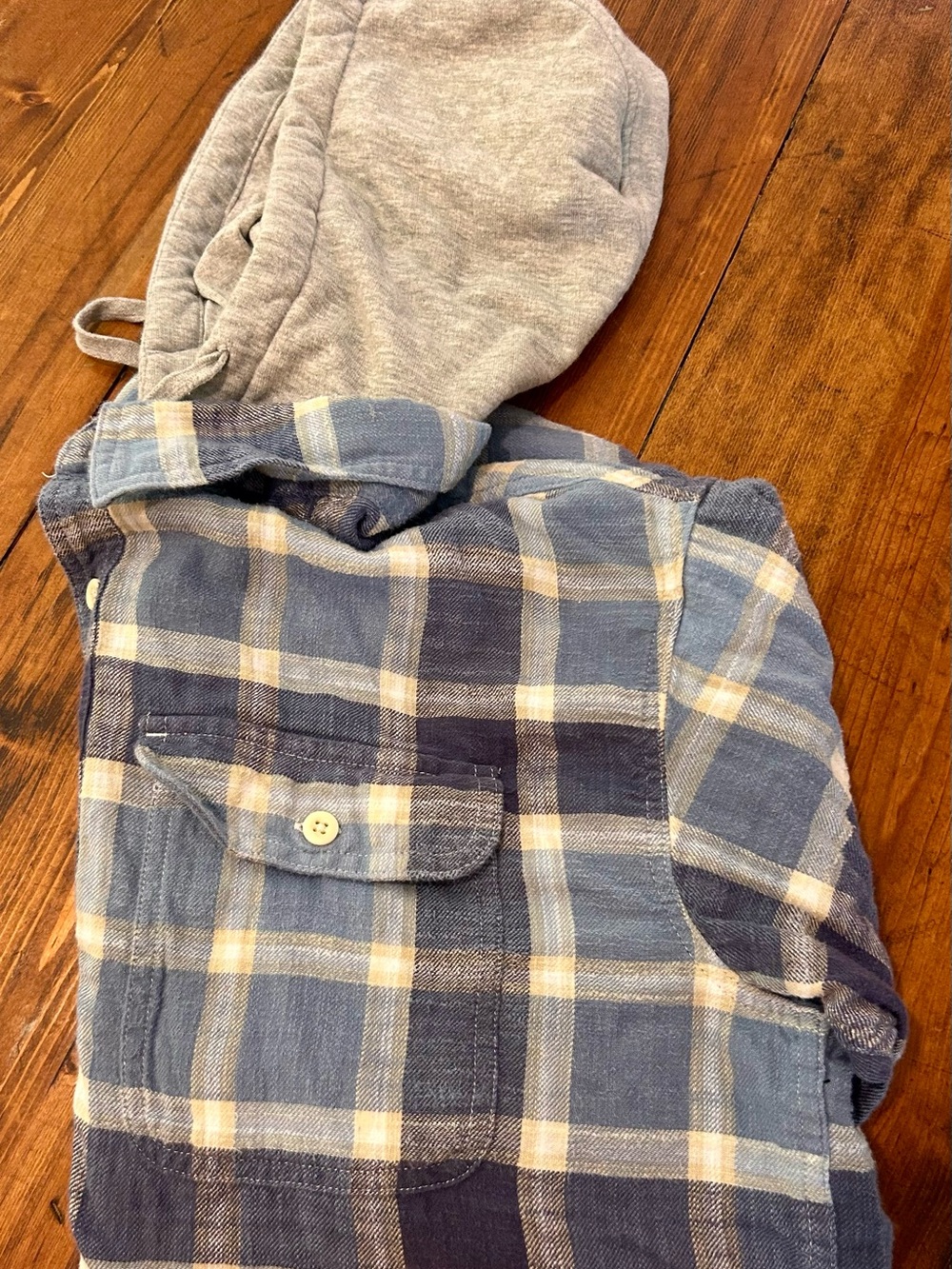 American Eagle Outfitters Blue and Tan Plaid Hooded Button-Down Shirt - Picture 2 of 6